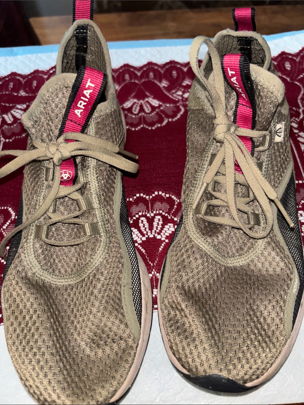 Ariat Olive Mesh Athletic Sneakers with Pink Pull Tabs